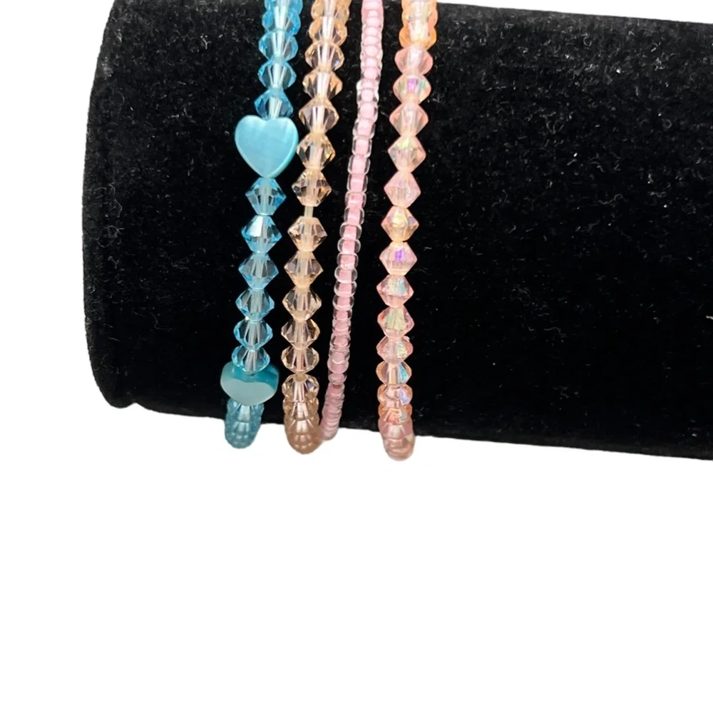 CRYSTAL STRETCH BRACELETS - PINK, PEACH, & BLUE - SET OF 4